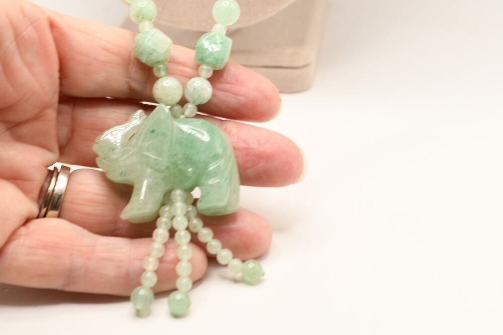 Vintage Green Jade Elephant Beaded Necklace Carved Pendant Long Tassel